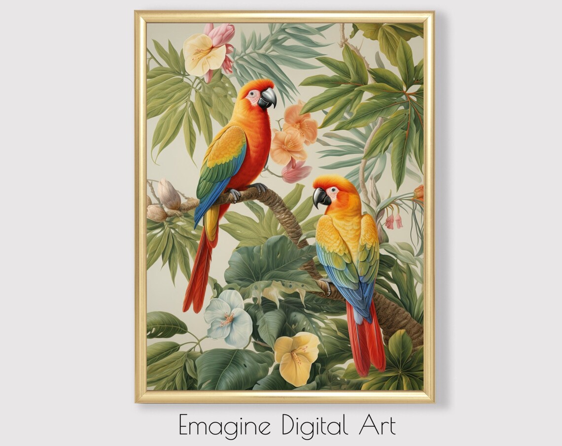 Two Parrots in Flowering Tree, Tropical Art Print