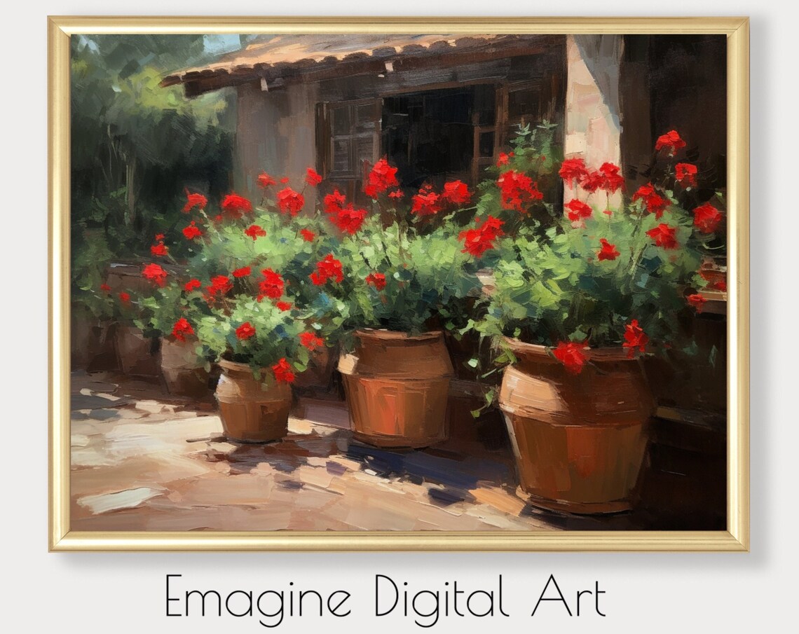 Red Geraniums Terracotta Pots Sunlit Patio Floral Art Poster