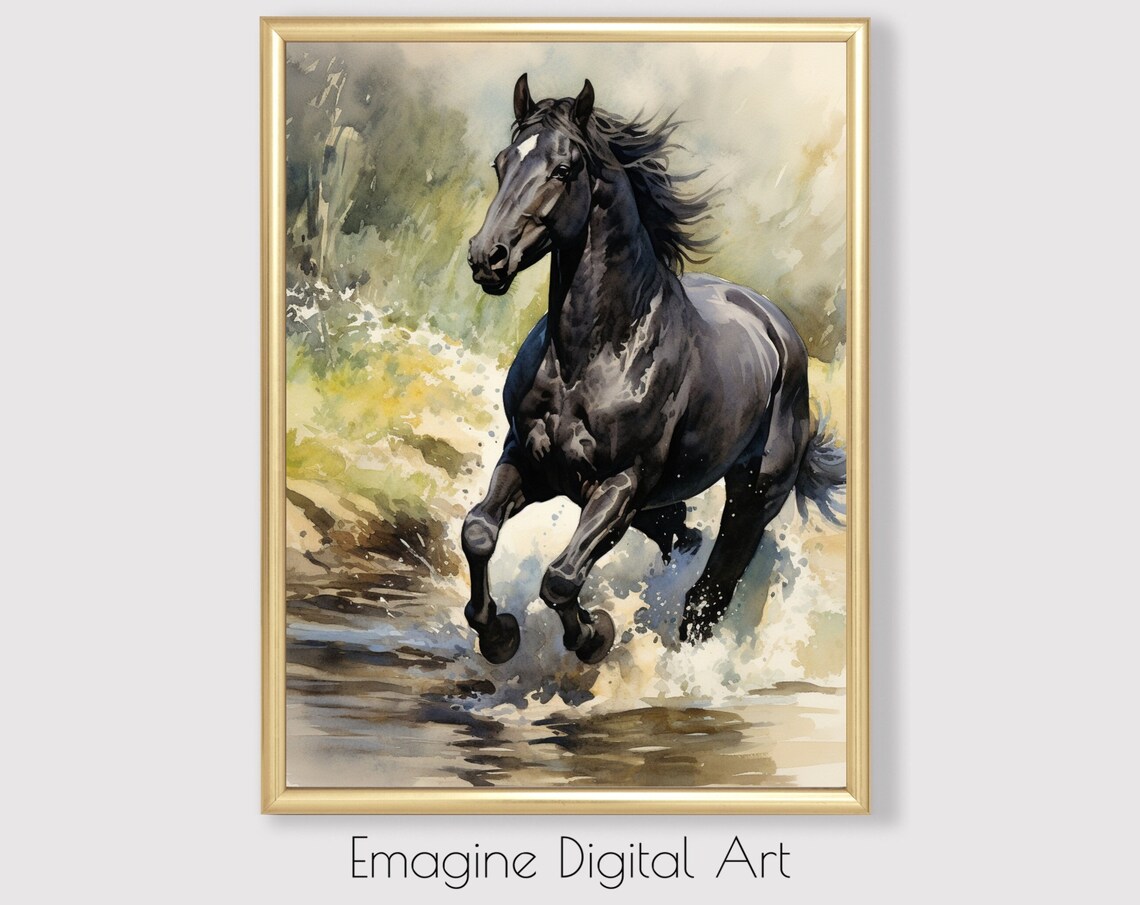 Black Stallion Galloping Through Water Watercolor Horse Art Poster
