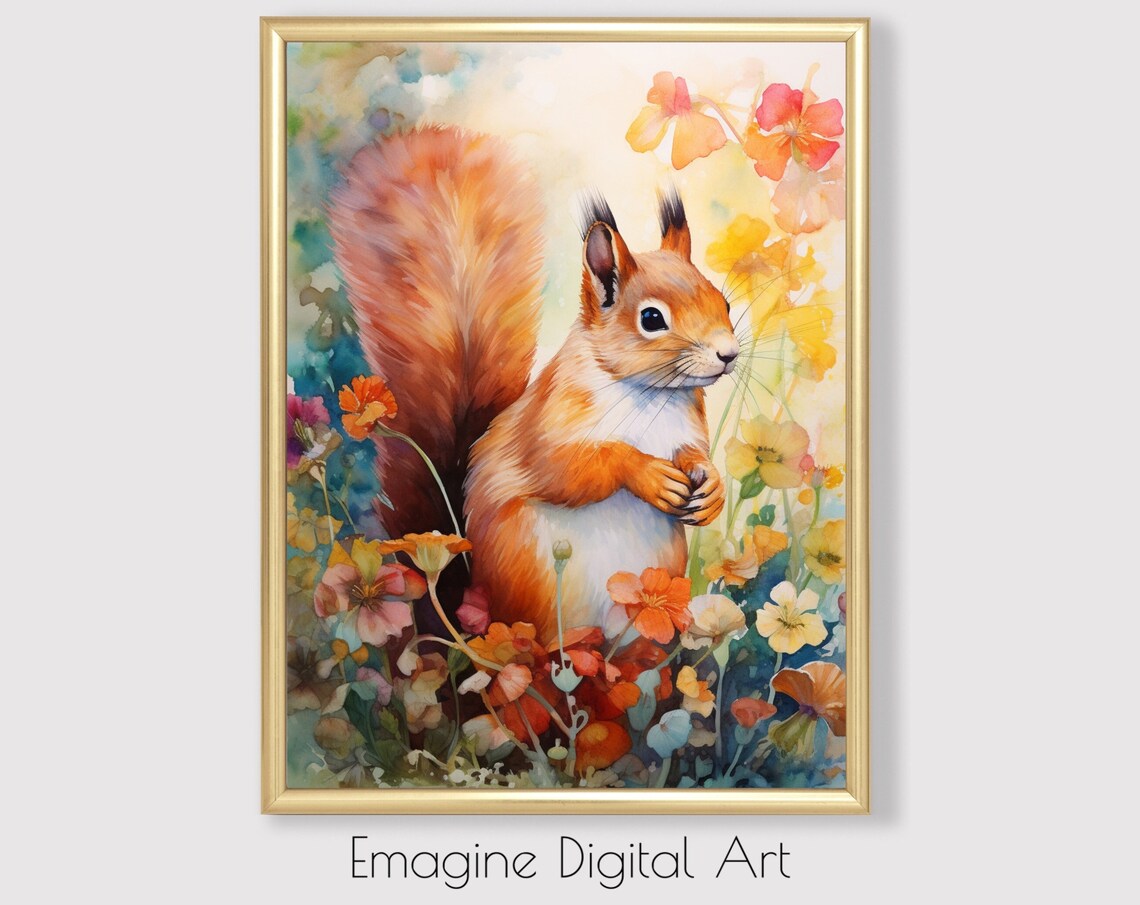 Red Squirrel Among Colorful Wildflowers Watercolor Animal Poster