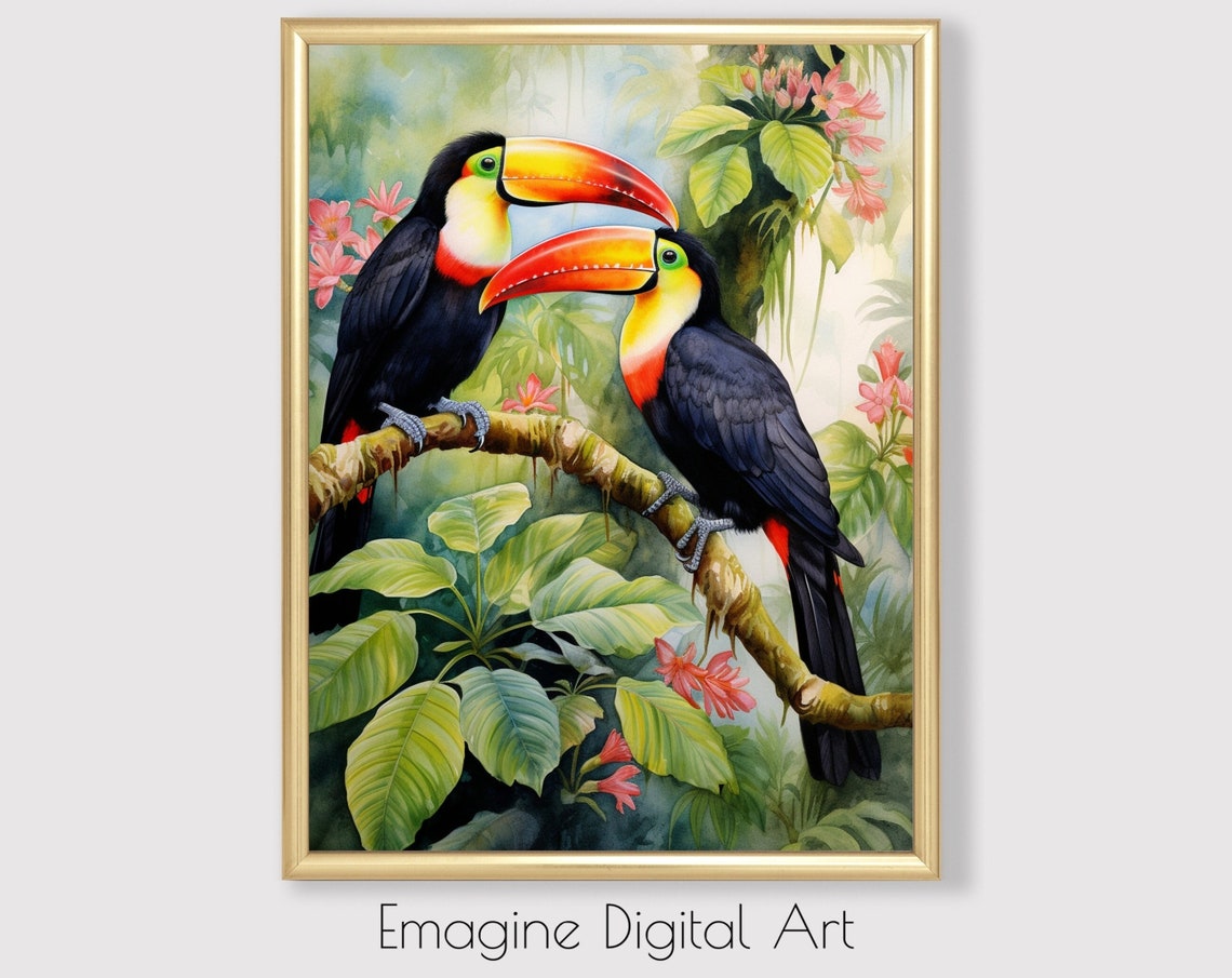 Art Toucans In Flowering Tropical Tree Painting Wall To Instantly Print Frame Tr11