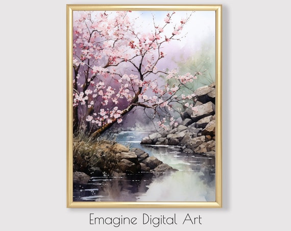 Art Pink Cherry Blossom Tree And Stream Floral Wall Decor Country To Print Frame Ls57