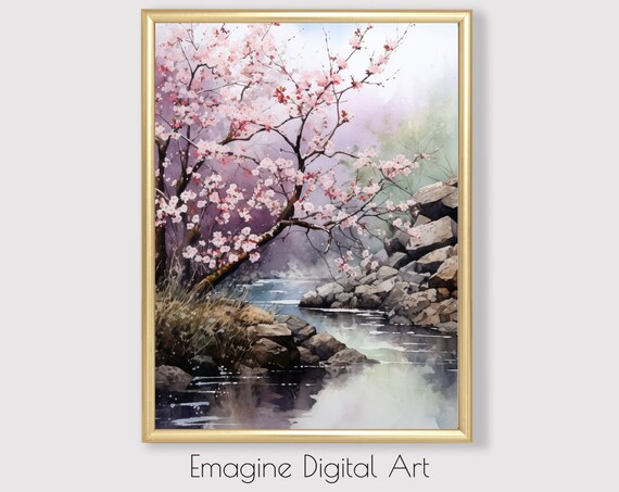 Cherry Blossom Tree by Rocky Stream Watercolor Spring Art Poster
