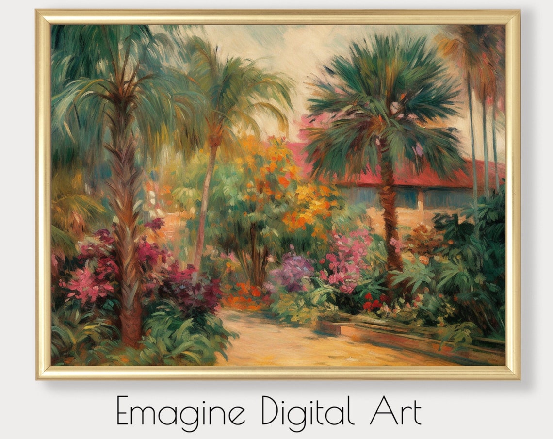 Tropical Palm Garden with Pink Flowers Impressionist Style Wall Art