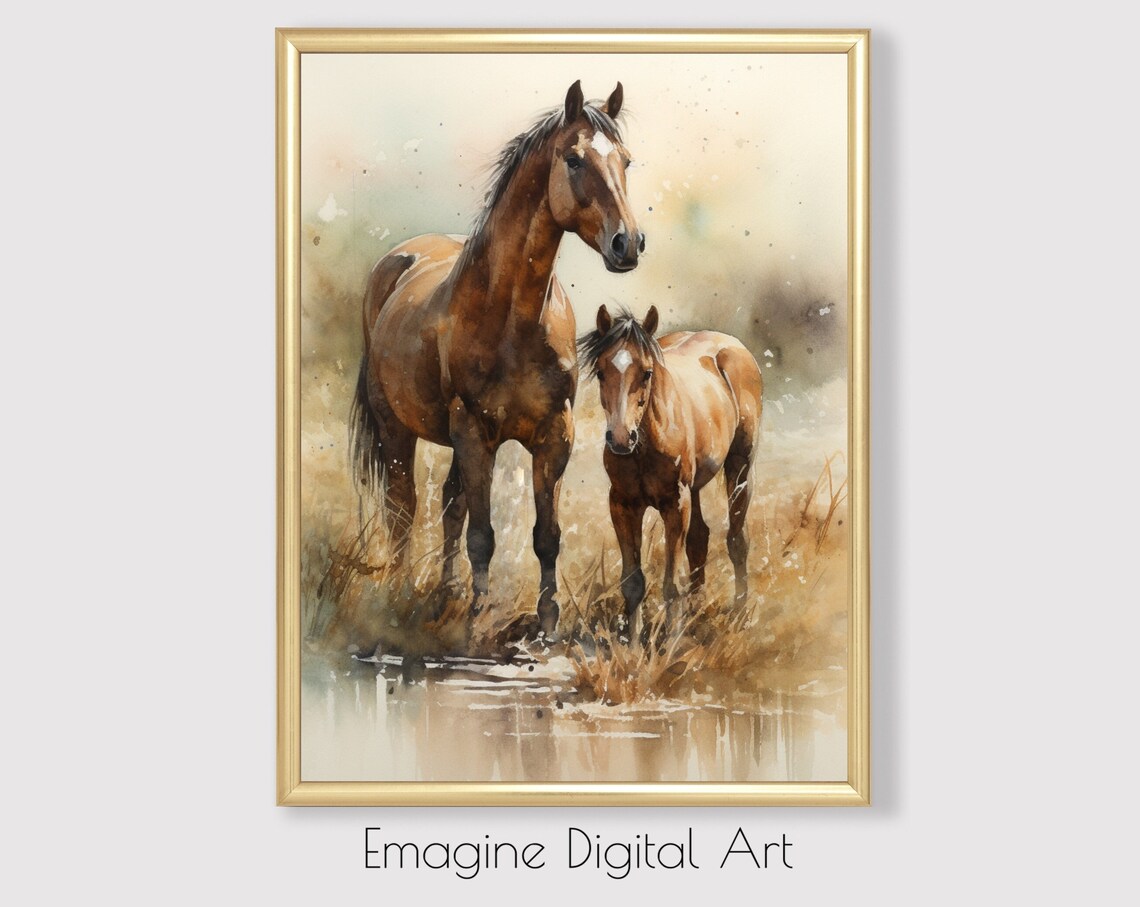 Bay Mare and Foal Watercolor Horses Pasture Equestrian Art Poster