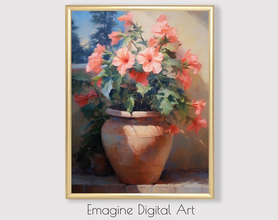 Art Pink Hibiscus In Clay Planter Painting Floral Wall Decor To Instantly Print And Frame Fl15
