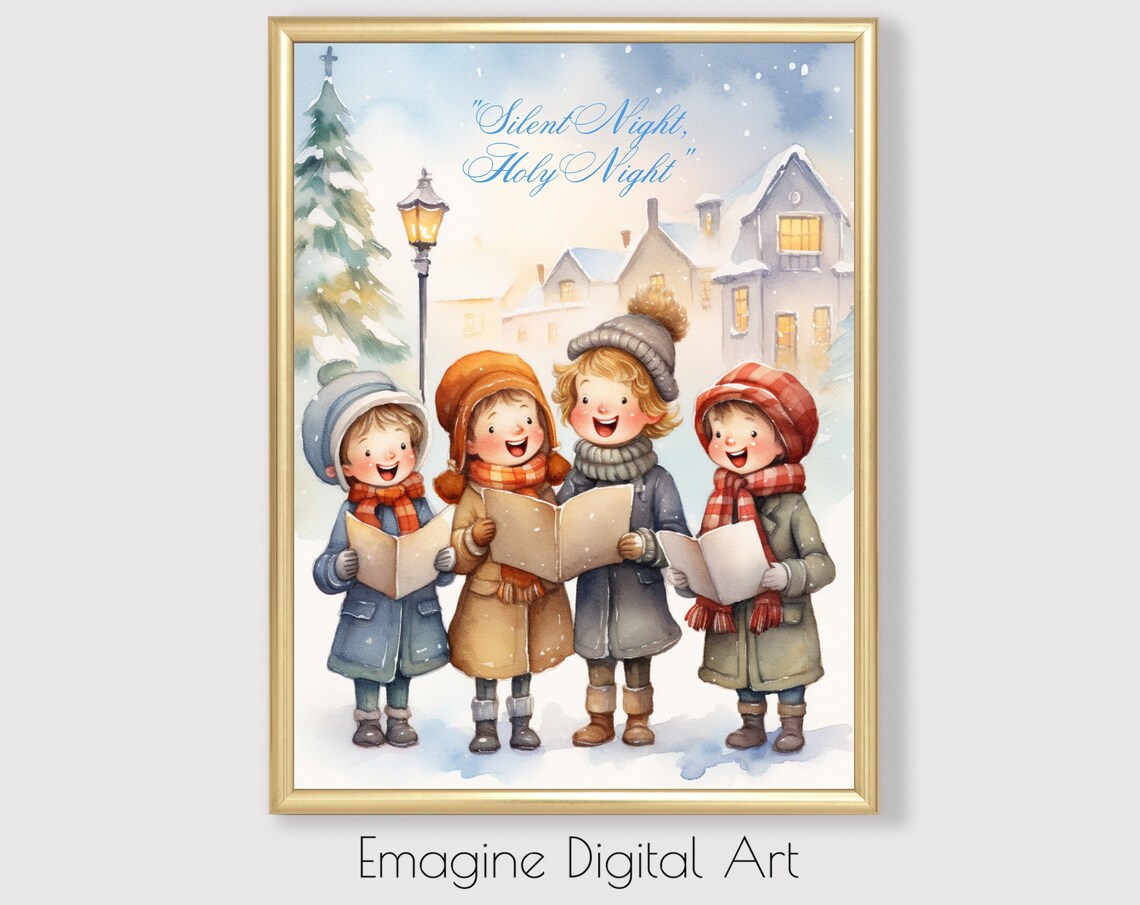 Silent Night Holy Night Kids Caroling Christmas Watercolor Poster
