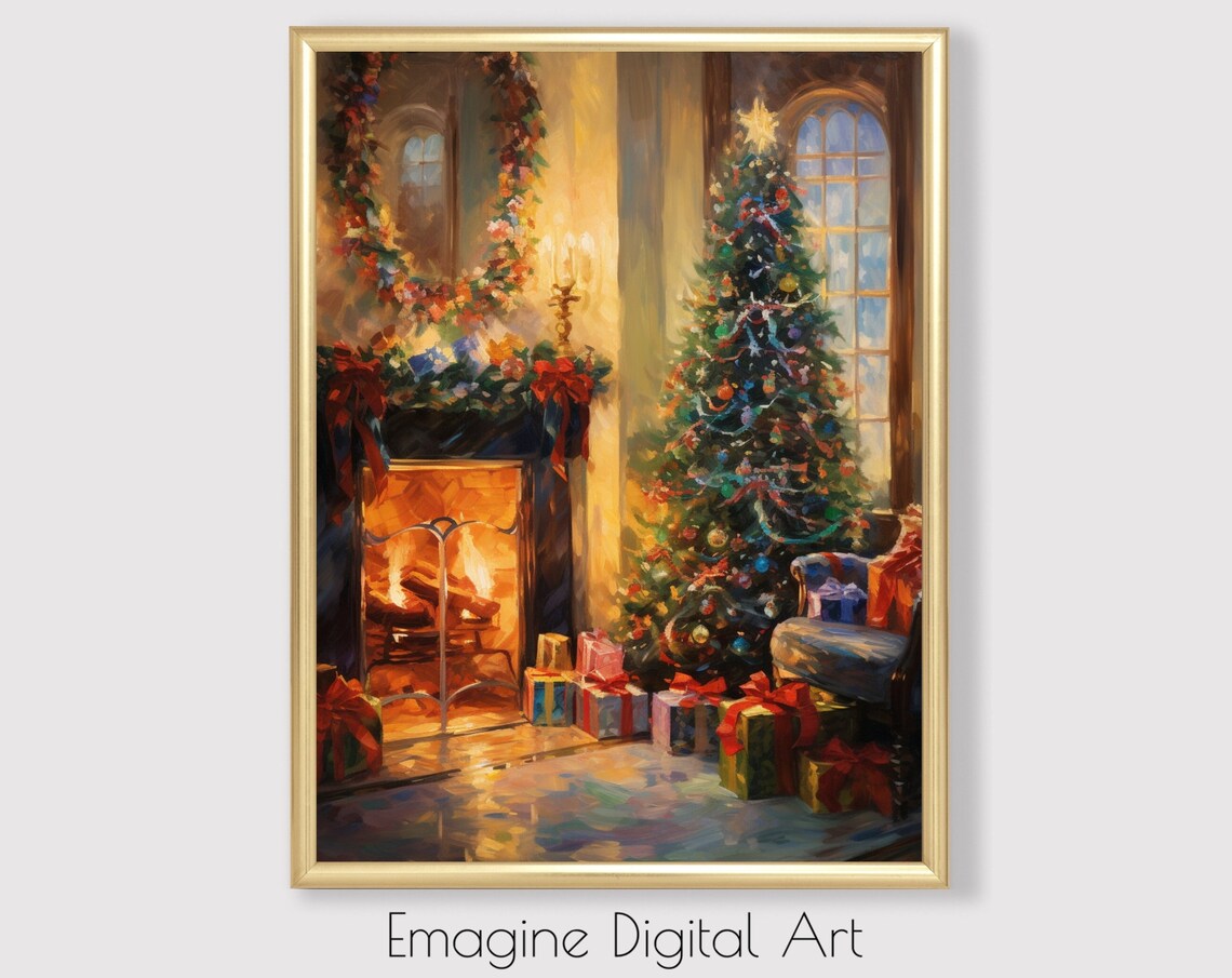 Christmas Tree Fireplace Cozy Holiday Scene Festive Painting Poster