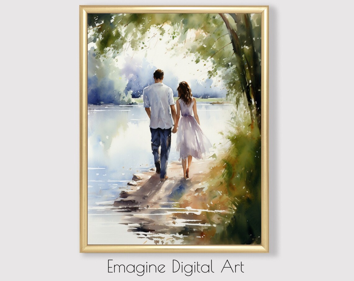 Romantic Couple Walking By Lake Watercolor Painting Poster Art