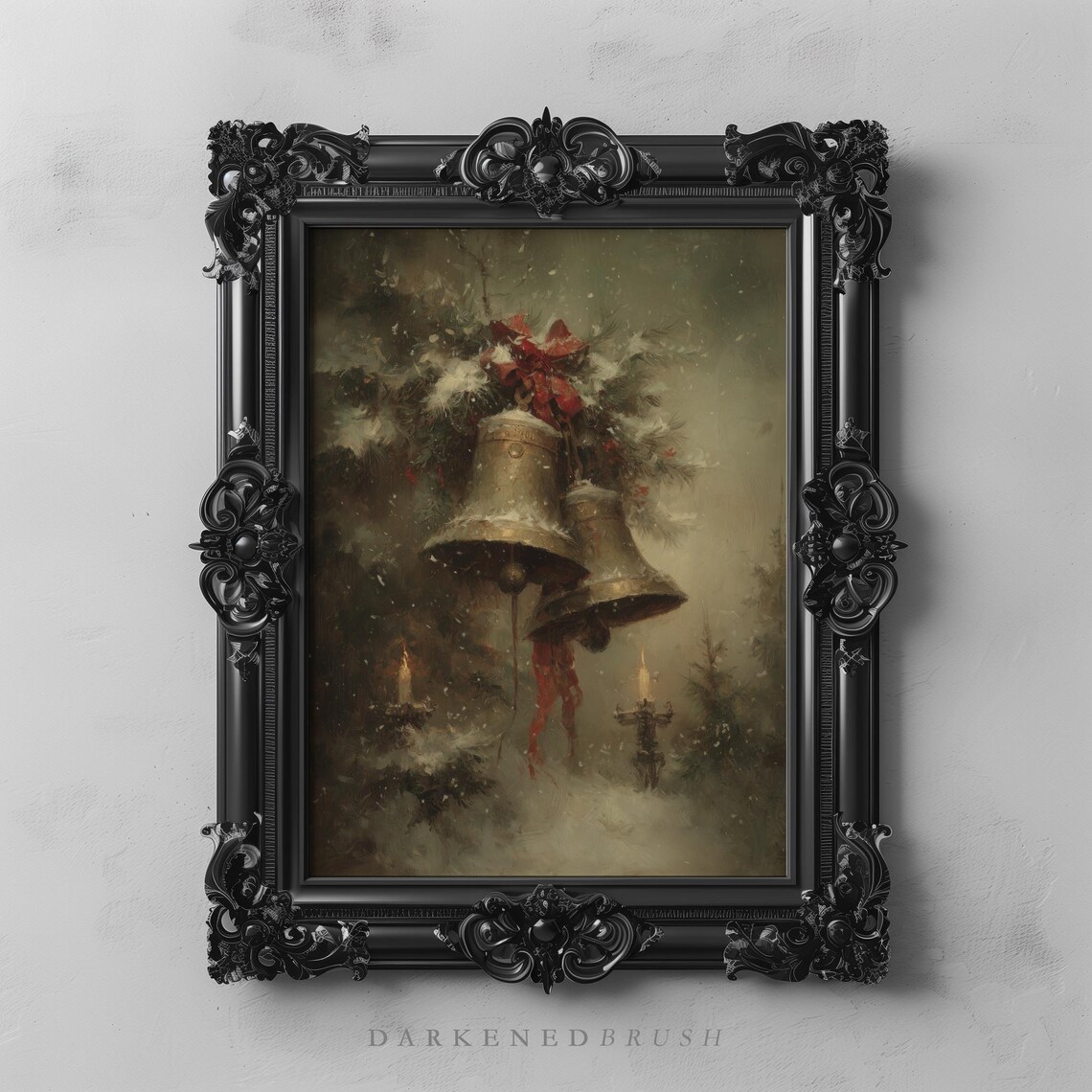 Dark Moody Christmas Bells with Red Bow Vintage Holiday Painting Poster