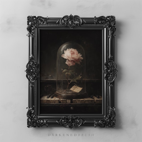Pink Peony Flower Dark Romantic Wall Art Botanical Vintage Glass Dome Piano Gothic Academia Floral Still Life