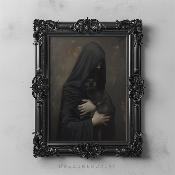 Mysterious Veil Lady Black Cat Art Portrait Dark Gothic Oil Painting Moody Witchy Wall Goth Academia Decor