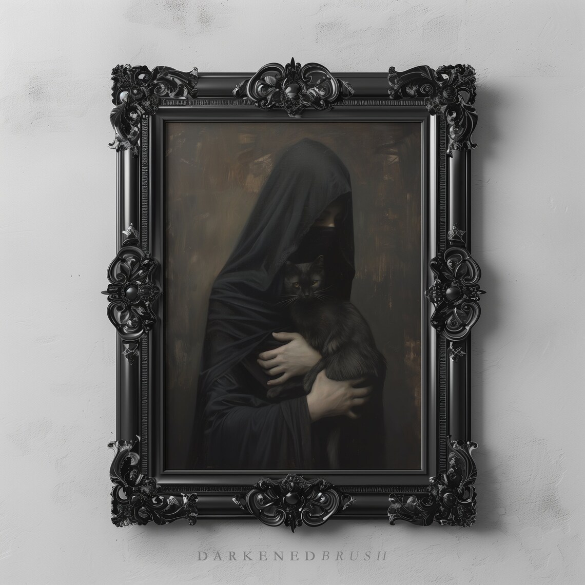 Veiled Woman Holding Black Cat Dark Gothic Oil Portrait Poster