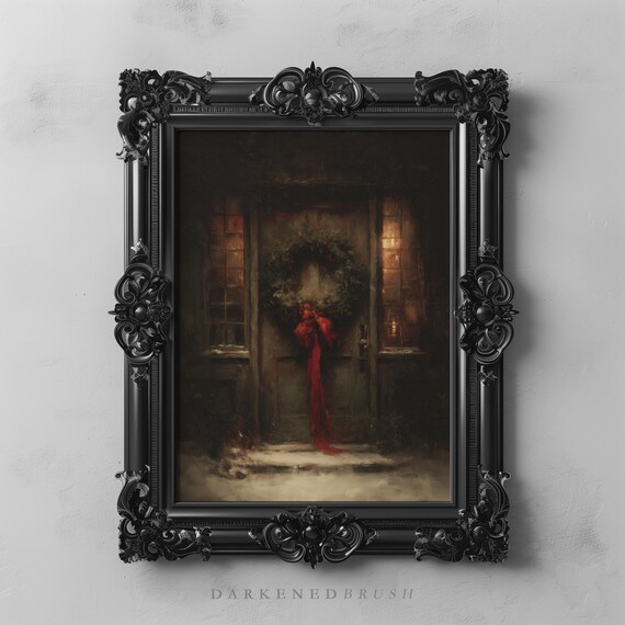 Victorian Door with Holiday Wreath Red Ribbon Snowy Night Poster