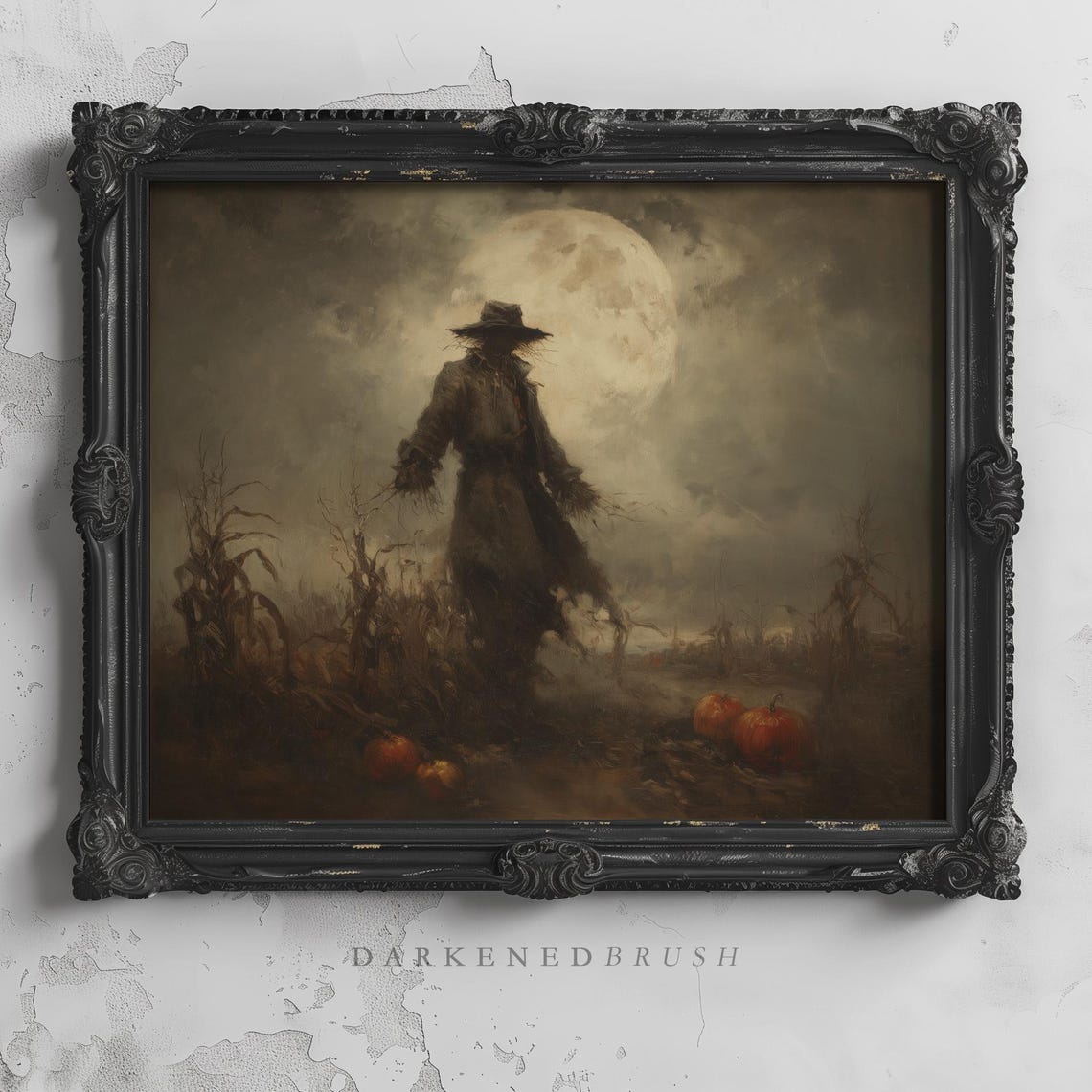Scarecrow in Cornfield Under Full Moon Spooky Halloween Wall Art