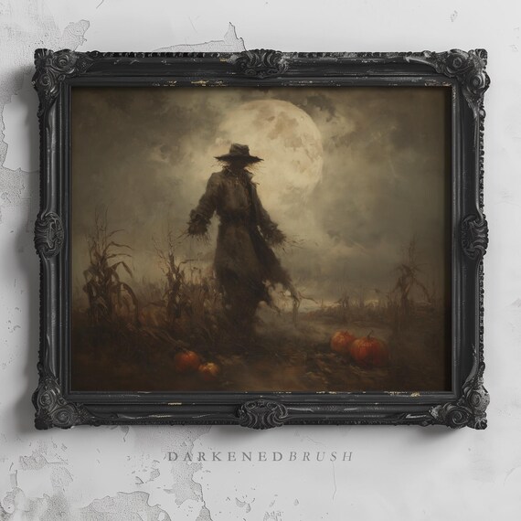Scarecrow In Field Under Full Moon Gothic Vintage Halloween Wall Art Dark Autumn Rustic Farmhouse Country Decor 277