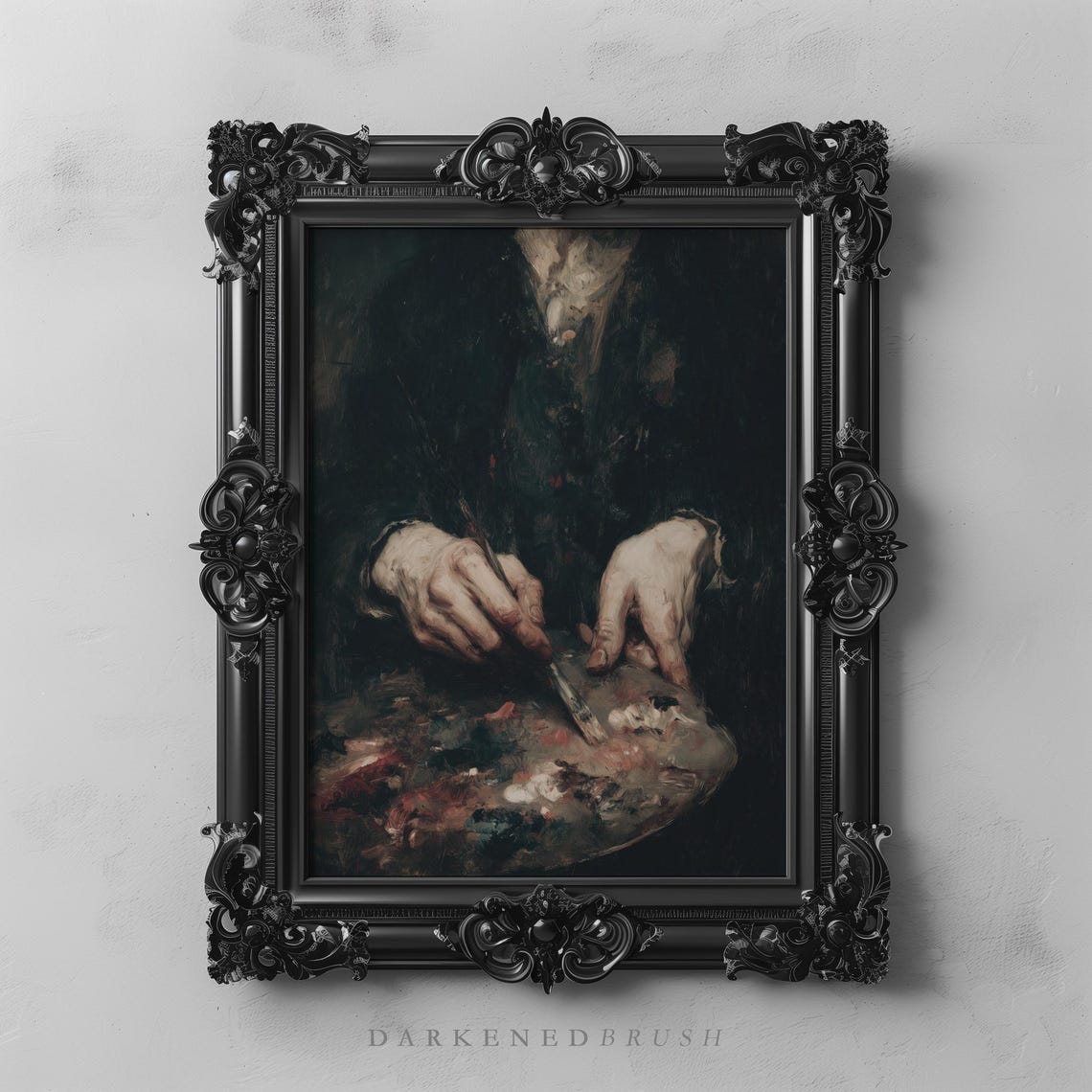 Artist Hands Mixing Paint on Dark Palette Moody Chiaroscuro Poster