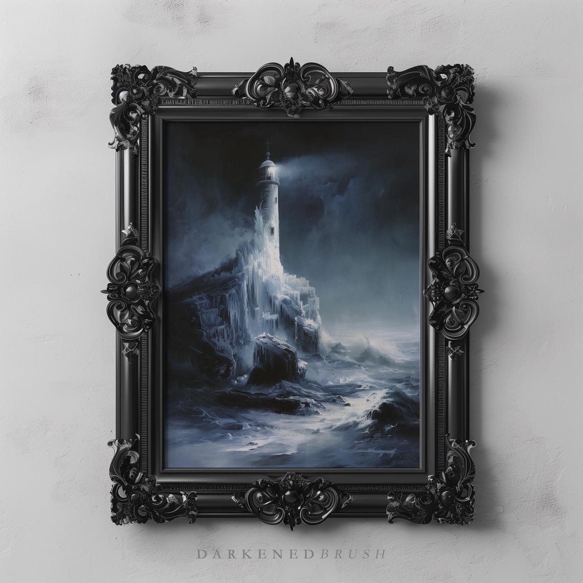 Frozen Lighthouse Ice Cliffs Stormy Sea Dark Academia Wall Art