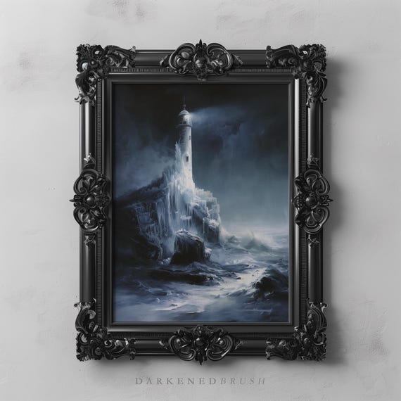 Frozen Lighthouse Winter Art Print Stormy Seascape Painting Dark Coastal Wall Arctic Decor Ocean
