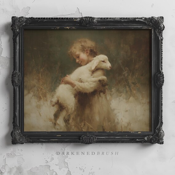 Little Girl Hugging Lamb Tender Biblical Shepherd Painting Poster