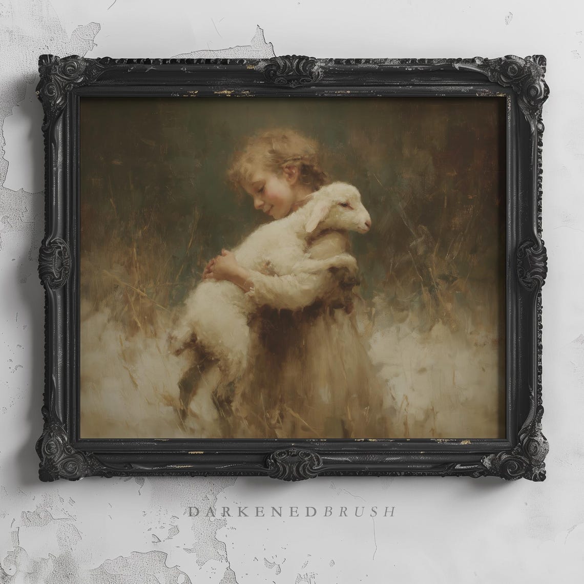 Little Girl Hugging Lamb Tender Biblical Shepherd Painting Poster