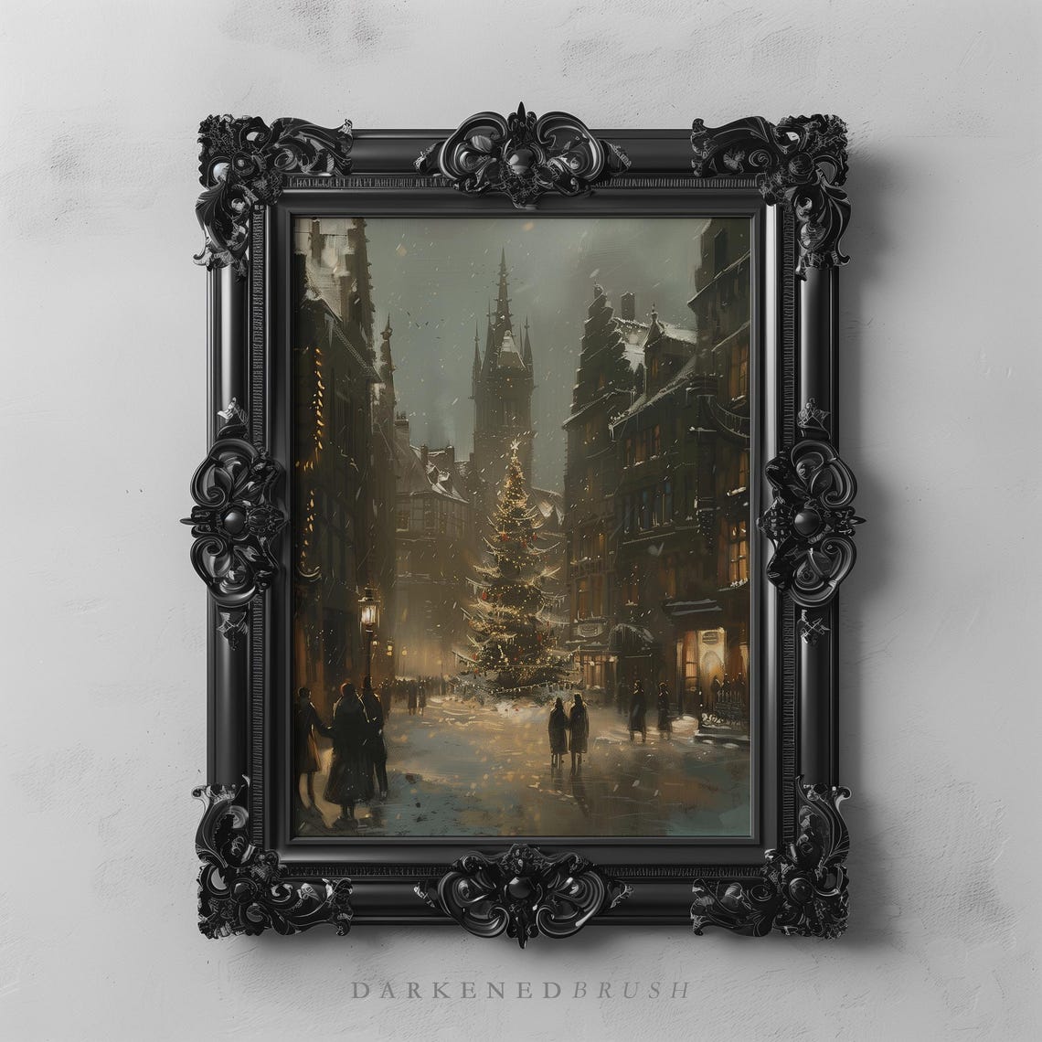 Snowy Victorian Street With Christmas Tree Vintage Winter Art Poster