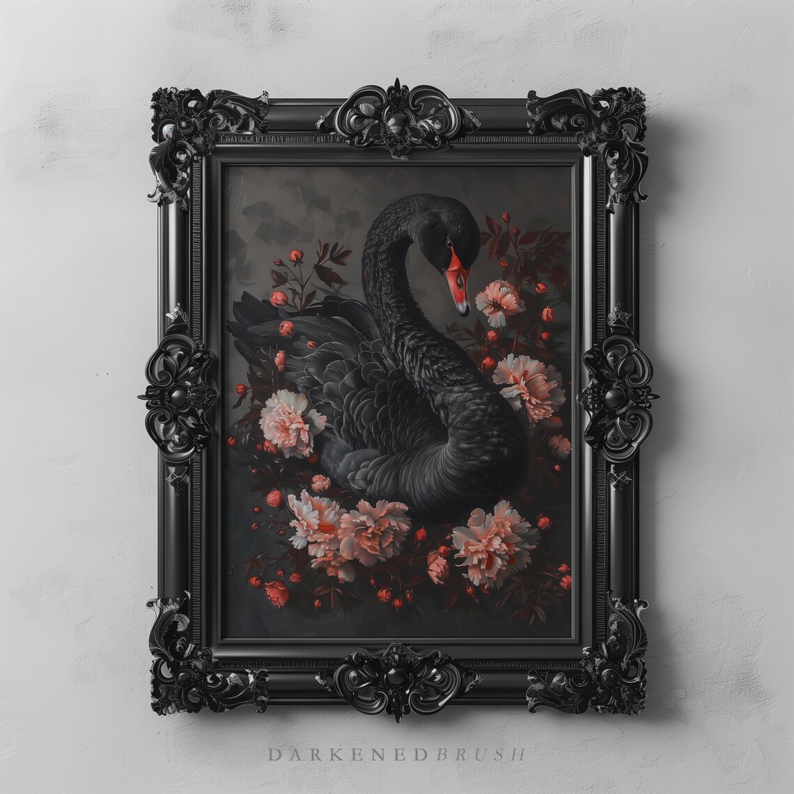 Black Swan Botanical Art, Dark Floral Gothic Print