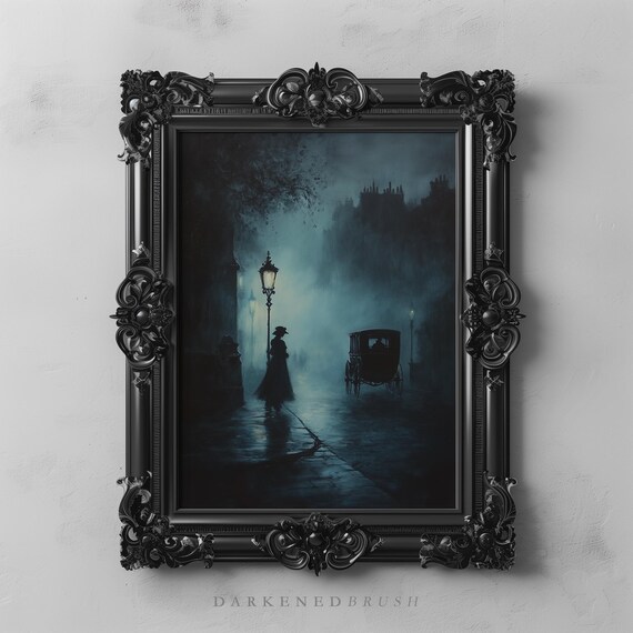 Victorian Foggy Street Art Gothic Dark Academia Wall Decor Moody Lamp Artwork Haunted Cityscape Misty Night Painting