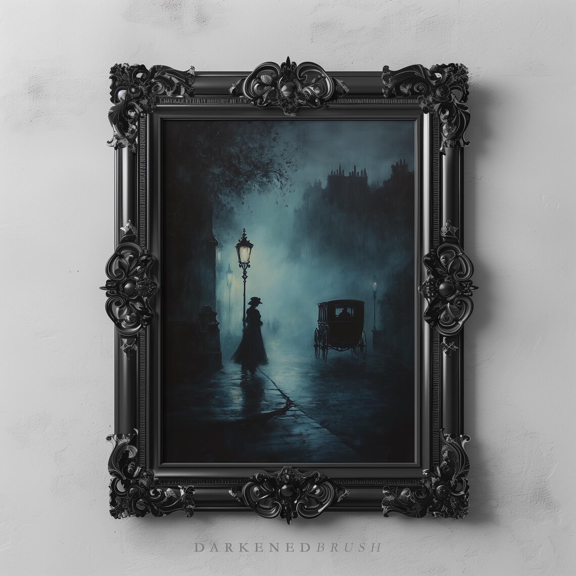 Foggy Victorian Street at Night With Gas Lamp and Carriage Poster