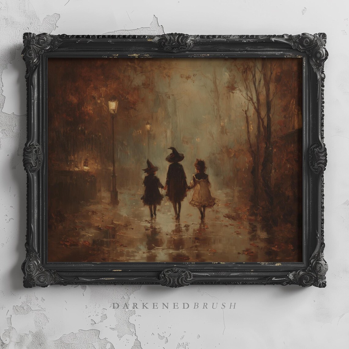 Witchy Children Trick or Treating Foggy Street Lanterns Poster