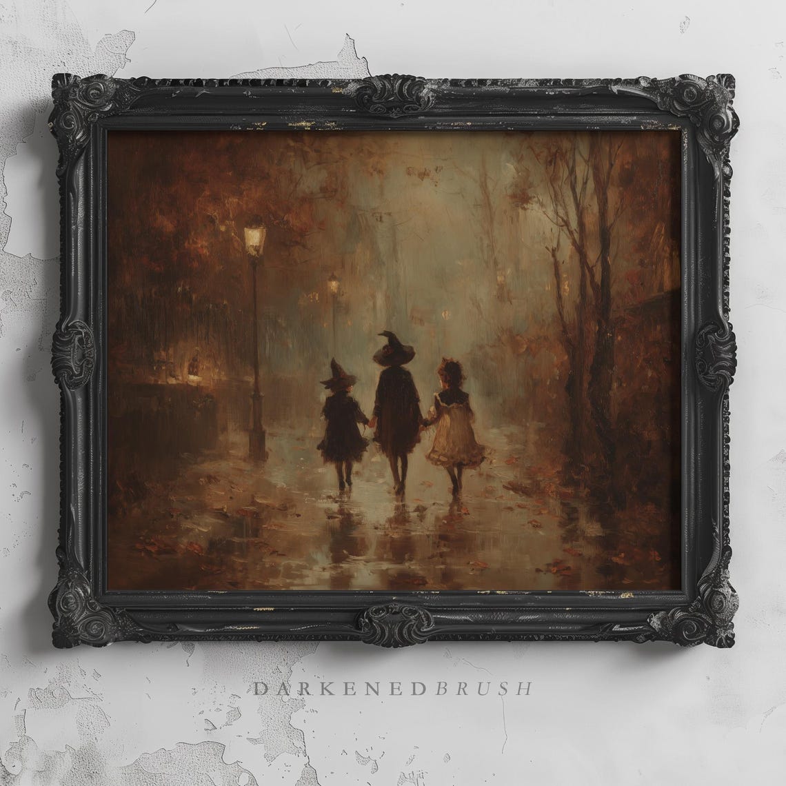 Witchy Trick Or Treat Children Walking In Foggy Street With Lanterns Vintage Halloween Art Village Oil Painting Decor 319