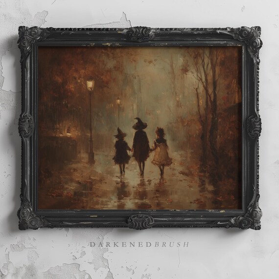 Witchy Trick Or Treat Children Walking In Foggy Street With Lanterns Vintage Halloween Art Village Oil Painting Decor 319