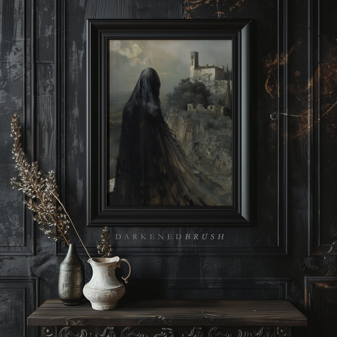Veiled Widow Black Gown Castle Ruin Gothic Dark Academia Wall Art
