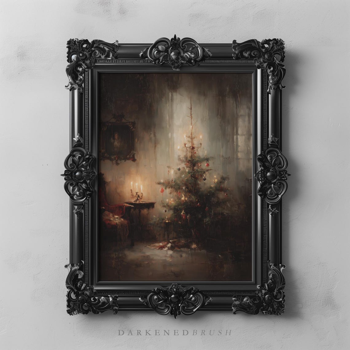 Gothic Christmas Tree Candlelit Victorian Room Dark Academia Print