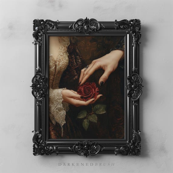 Vintage Victorian Rose Painting Dark Valentines Day Decor Academia Gothic Romance Wall Art Elegant Lovers Baroque Gift
