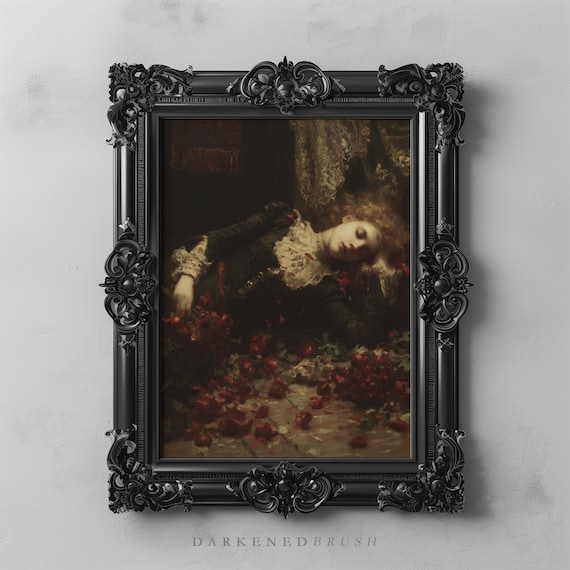Victorian Woman In Black Dress Sleeping Among Scattered Petals Vintage Gothic Beauty Dark Romantic Wall Art With Floral Botanical Decor 236
