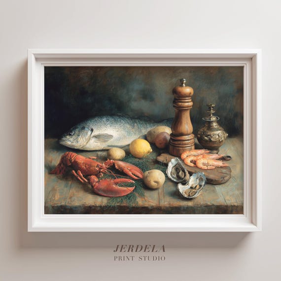 Flemish Seafood Still Life Print Dark Academia Kitchen Wall Art