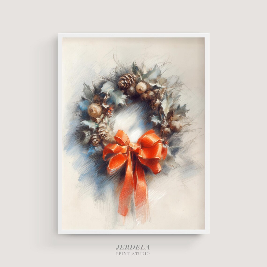 Christmas Wreath With Big Red Bow Colored Pencil Holiday Poster