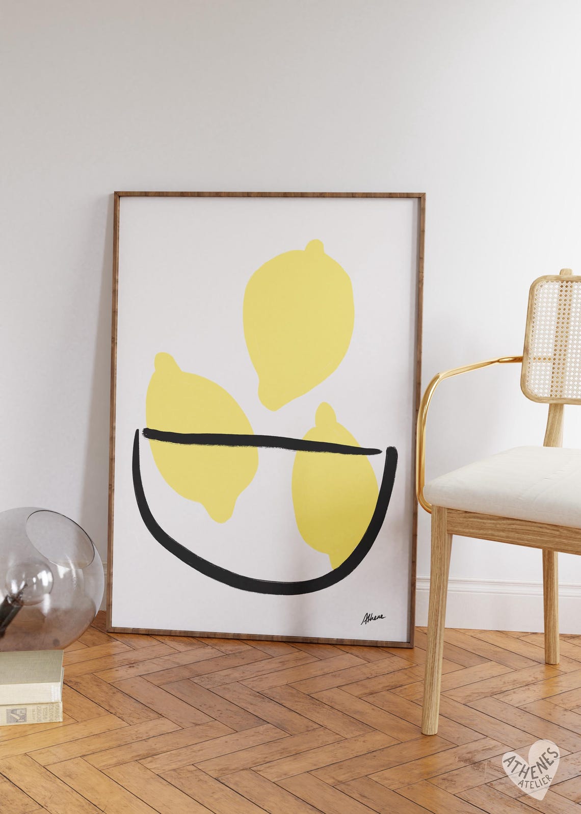 Minimalist Lemon Bowl Line Art Bright Yellow Kitchen Wall Poster