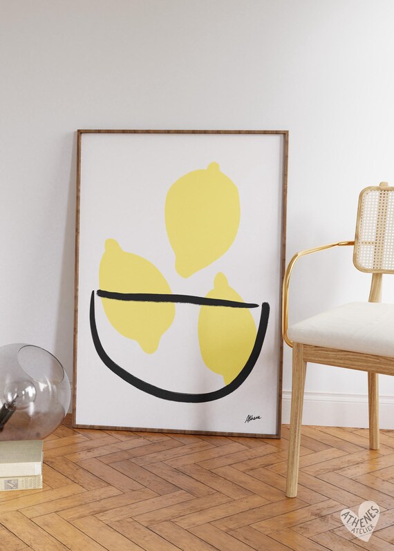 Minimalist Lemon Bowl Line Art Bright Yellow Kitchen Wall Poster