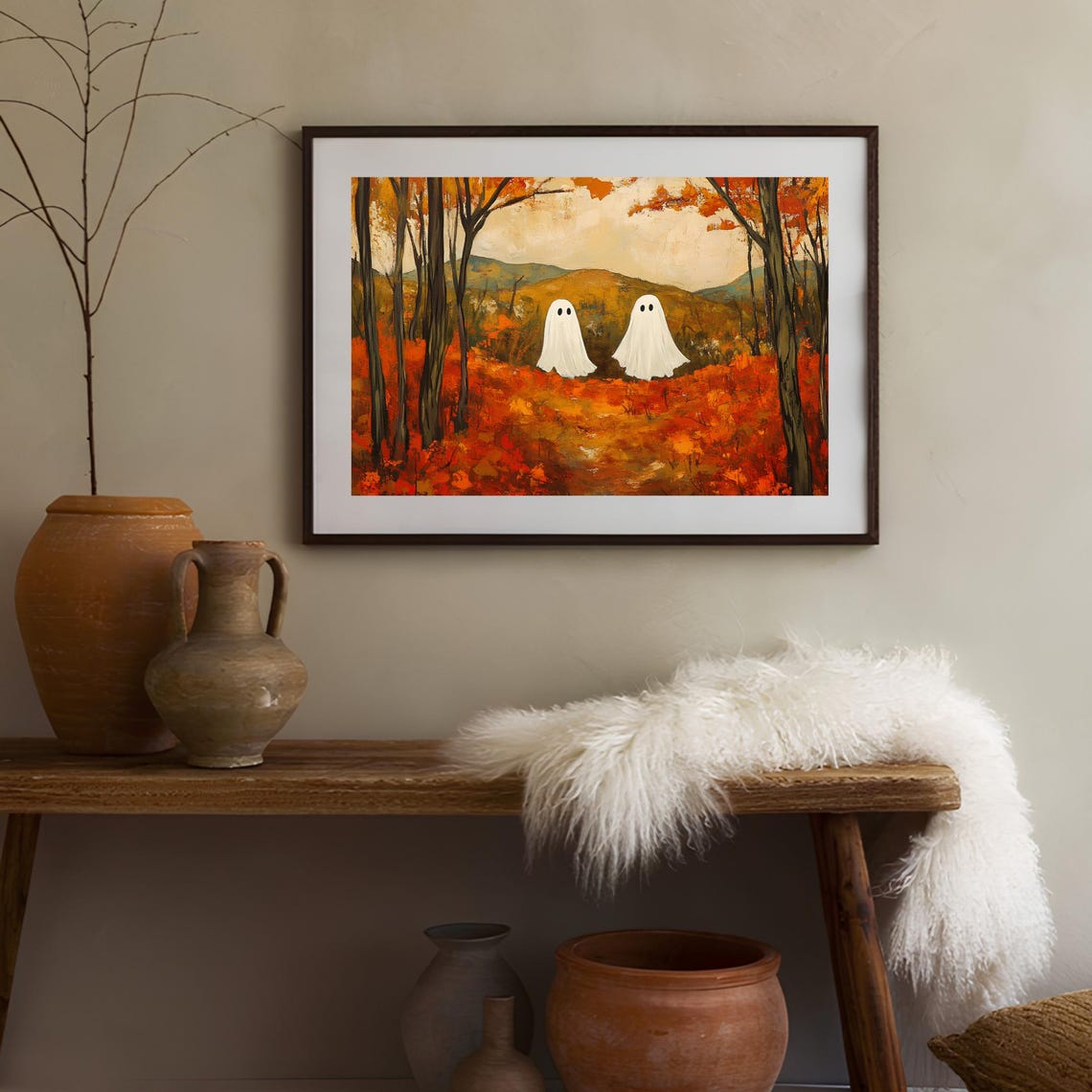 Two Cute Ghosts Strolling In Autumn Forest Fall Halloween Poster - Image 2