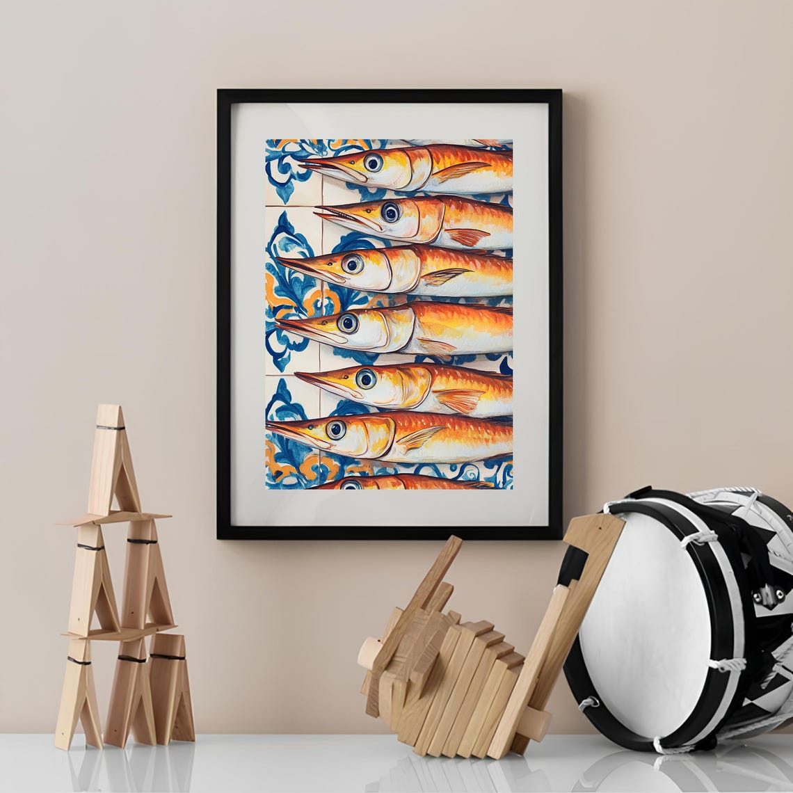 Sardine Fish Illustration Mediterranean Tile Art Colorful Poster - Image 3