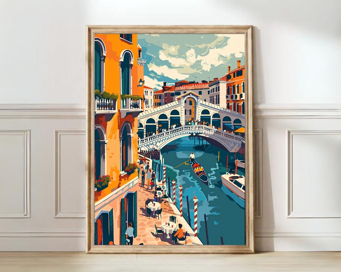 Venice Italy Rialto Bridge Gondola Canal Retro Travel Poster