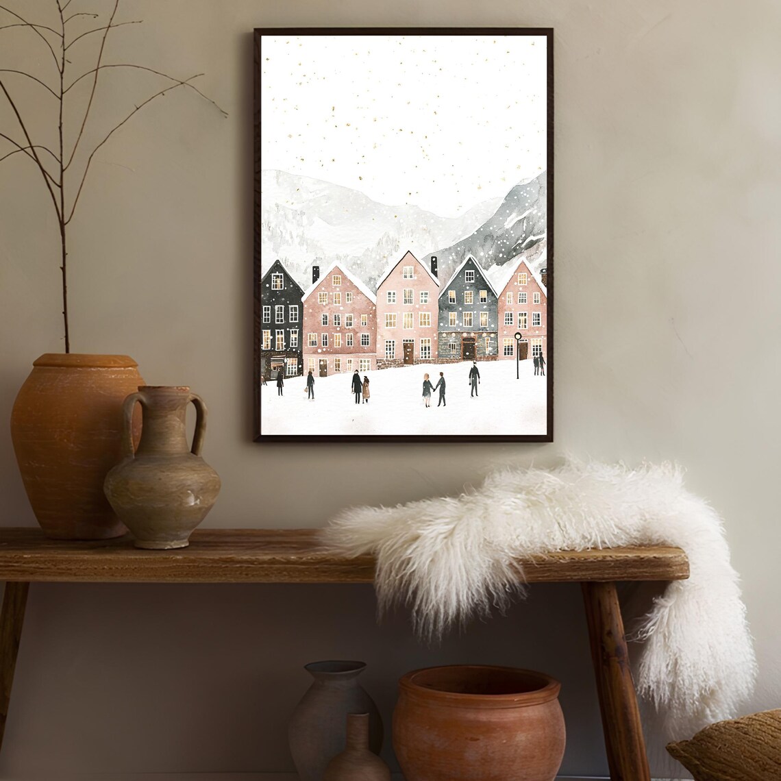 Norway Winter Village Snowfall Muted Pastel Houses Art Poster - Image 3