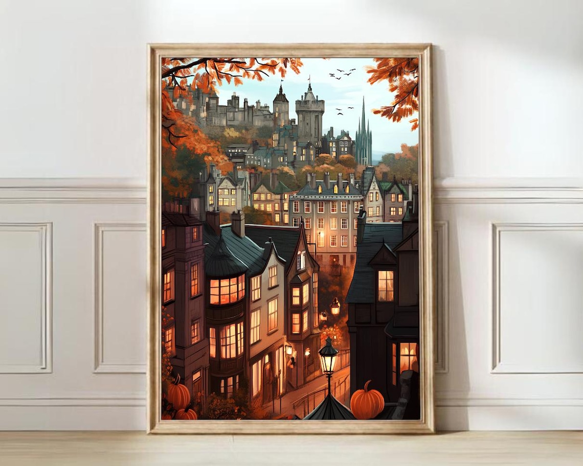 Edinburgh Illustration Scotland Autumn Travel Poster