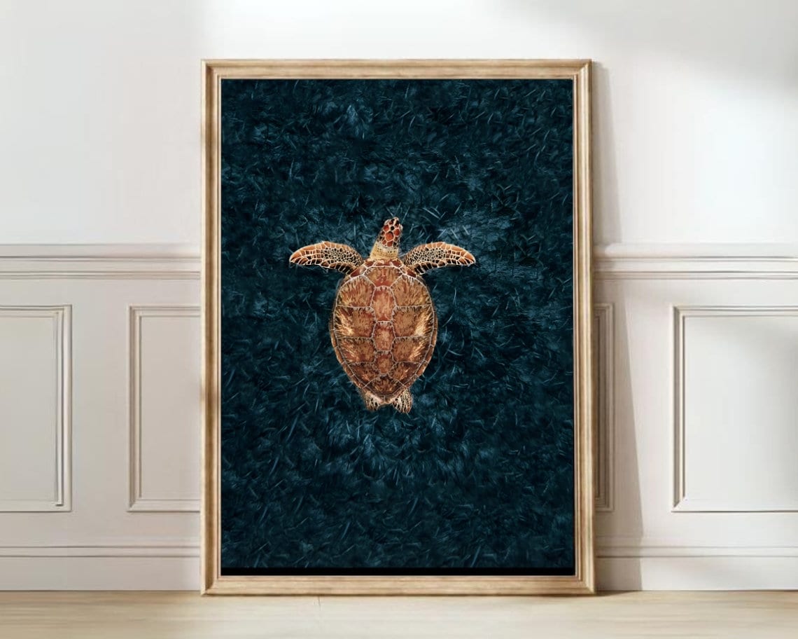 Sea Turtle Swimming Aerial Ocean Photography Dark Teal Poster