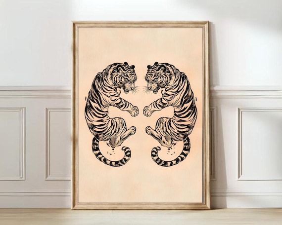 Minimalist Japanese Tiger Art Print, Vintage Tattoo Style
