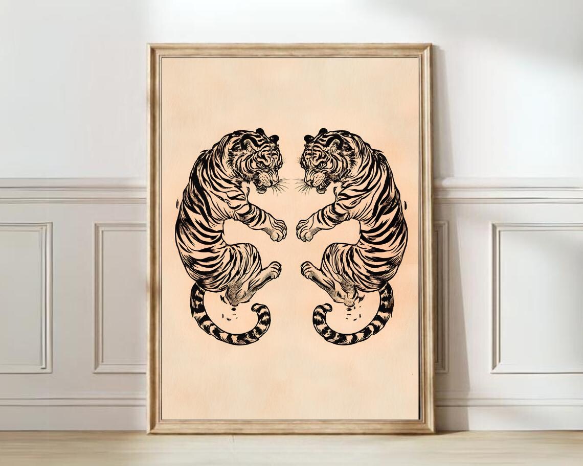 Minimalist Japanese Tiger Art Print, Vintage Tattoo Style