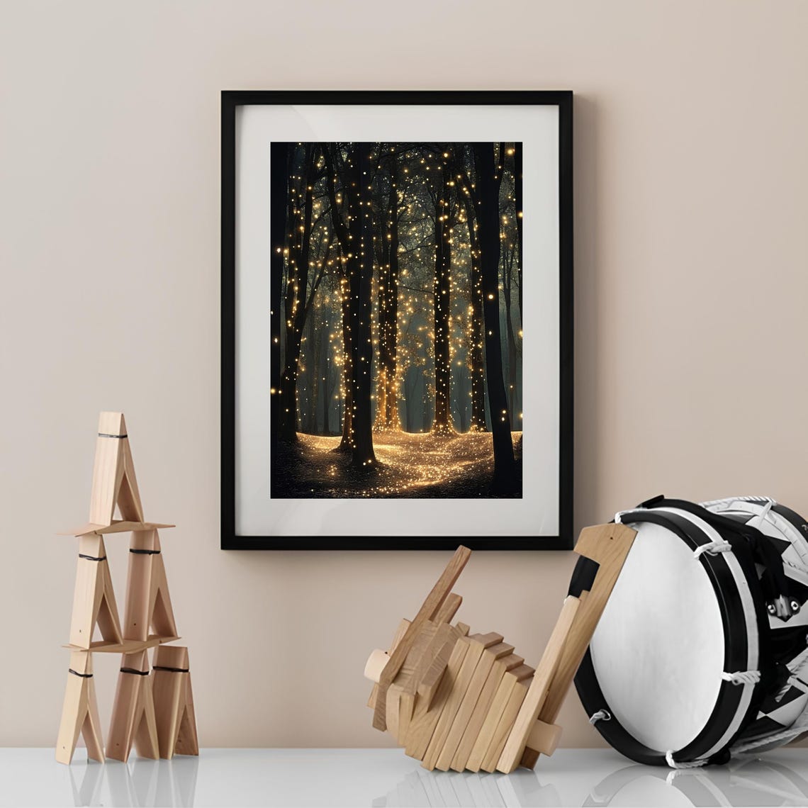Enchanted Night Forest Golden Lights Fireflies Fantasy Art Poster - Image 2