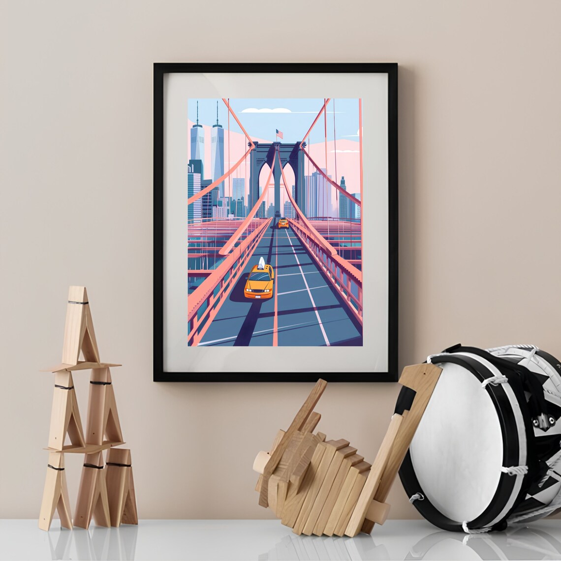 New York Brooklyn Bridge Pastel Travel Poster - Image 2